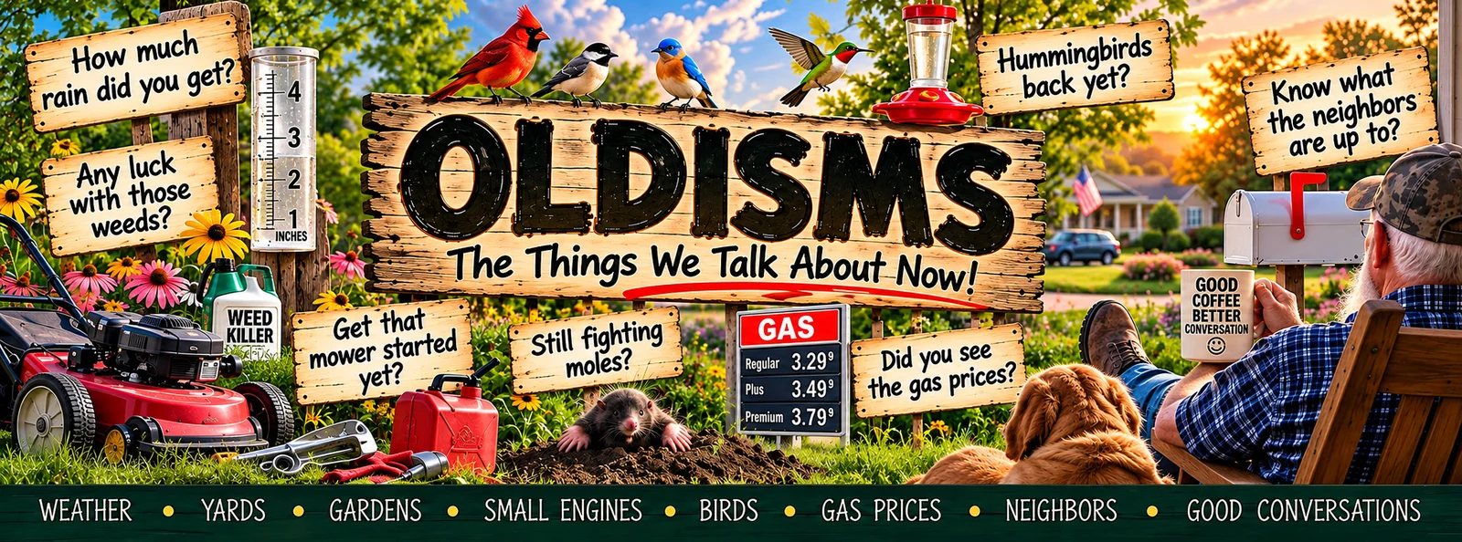 OLDISMS: The Things We Talk About Now — a colorful backyard scene with birds, rain gauges, neighbors, lawn equipment and coffee